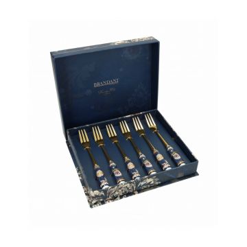 Set 6 furculite desert Blue Danube Gold, Brandani, inox, maner ceramic