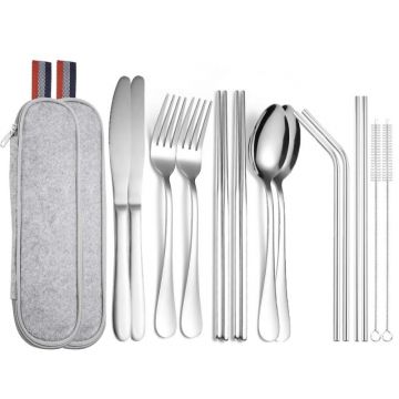 Set 14 tacamuri inox, Quasar & Co, pentru birou, calatorii, camping, husa depozitare, 24 x 7 cm, argintiu