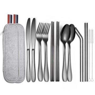 Set 14 tacamuri inox, Quasar & Co, pentru birou, calatorii, camping, husa depozitare, 24 x 7 cm, negru