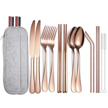Set 14 tacamuri inox, Quasar & Co, pentru birou, calatorii, camping, husa depozitare, 24 x 7 cm, rose gold