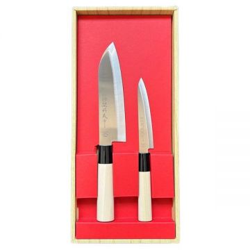 Set 2 cutite de bucatarie japoneze Santoku & Petty din otel inoxidabil pentru carne, peste, legume, cutie cadou