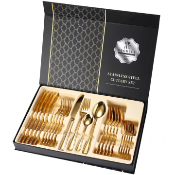 Set 24 tacamuri din inox, Quasar & Co., 6 x cutite, 6 x linguri, 6 x furculite, 6 x lingurite, 40 x 25.5 x 5.5 cm, auriu