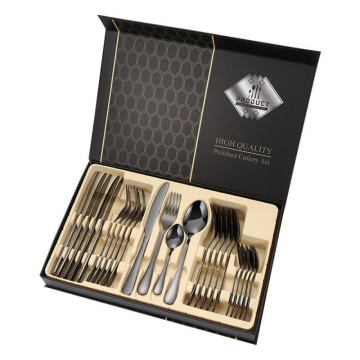 Set 24 tacamuri din inox, Quasar & Co., 6 x cutite, 6 x linguri, 6 x furculite, 6 x lingurite, 40 x 25.5 x 5.5 cm, Negru