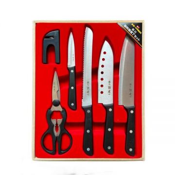 Set cutite bucatarie cu 6 piese din otel inoxidabil, cutit universal, cutit carne, cutit mic, cutit paine, foarfece si aparat pentru ascutit