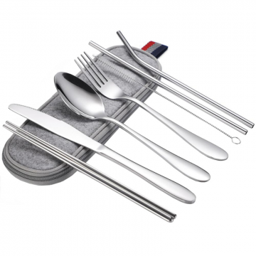 Set tacamuri inox, Quasar & Co, pentru birou, calatorii, camping, 7 piese in husa depozitare, 24 x 7 cm, Argintiu