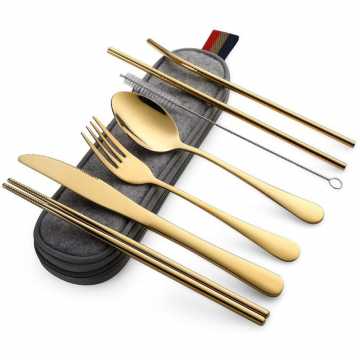 Set tacamuri inox, Quasar & Co, pentru birou, calatorii, camping, 7 piese in husa depozitare, 24 x 7 cm, gold