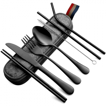 Set tacamuri inox, Quasar & Co, pentru birou, calatorii, camping, 7 piese in husa depozitare, 24 x 7 cm, negru