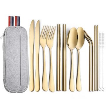 Set 14 tacamuri inox, Quasar & Co.®, pentru birou, calatorii, camping, husa depozitare, 24 x 7 cm, gold