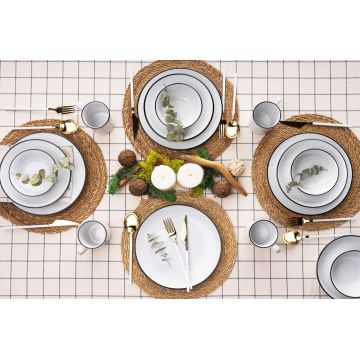 Serviciu de masa, Hermia, 513RKT1114, Farfurie: 20 x 20 x 3 cm (4 bucăți), Alb/Negru