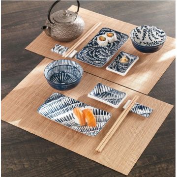 Set pentru sushi 12 piese Brandani, V1 model cu frunze, pentru 2 persoane, portelan/bambus