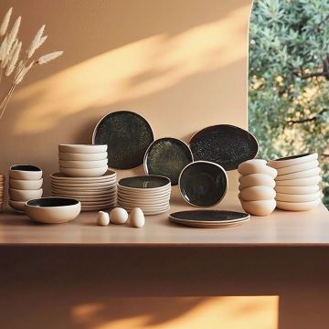 Serviciu de masa (55 piese), L'essentiel Maison, 216KRC1273, Farfurie: 20,5 x 19,5 x 3,5 cm (12 bucăți), Alb/Negru