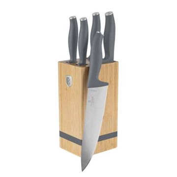 Set 5 cutite cu suport patrat Berlinger Haus, Aspen, inox/bambus, gri mat/natur