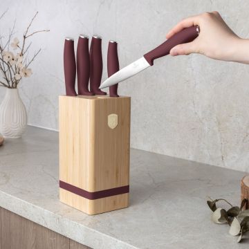 Set 5 cutite cu suport patrat Berlinger Haus, Leonardo, inox/bambus, visiniu mat/natur