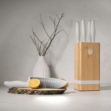Set 5 cutite cu suport patrat Berlinger Haus, Sahara, inox/bambus, crem mat/natur