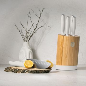 Set 5 cutite cu suport rotund Berlinger Haus, Sahara, inox/bambus, crem mat/natur