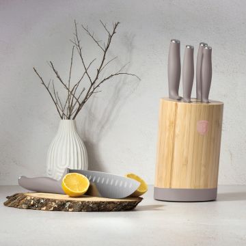 Set 5 cutite cu suport rotund Berlinger Haus, Taupe, inox/bambus, taupe mat/natur