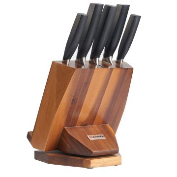 Set cutite 6 piese, Zokura, suport rotativ + suport tableta, inox/lemn acacia
