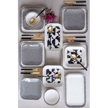 Set de cină (26 bucăți), L'essentiel Maison, 719KTP9893, Farfurie: 20 x 20 cm (6 bucăți), Alb / Negru / Auriu