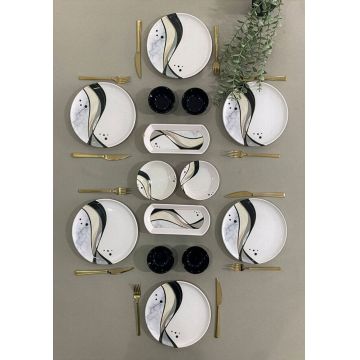 Set de mic dejun (14 piese), L'essentiel Maison, 759NRE1123, Platou: 20 x 9 x 3 cm (2 bucăți), Alb / Negru / Gri